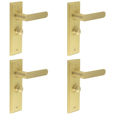 4 PACK Satin Brass Bathroom Door Handle with Backplate and Turn Release Mechanism - Solid Brass Interior Handle