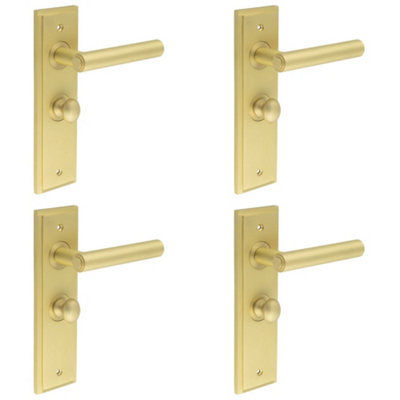 4 PACK Satin Brass Bathroom Door Handle with Backplate and Turn & Release Mechanism - Solid Brass Interior Lever