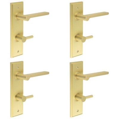 4 PACK Satin Brass Bathroom Door Handle with Backplate and Turn Release Mechanism - Solid Brass Internal Handle