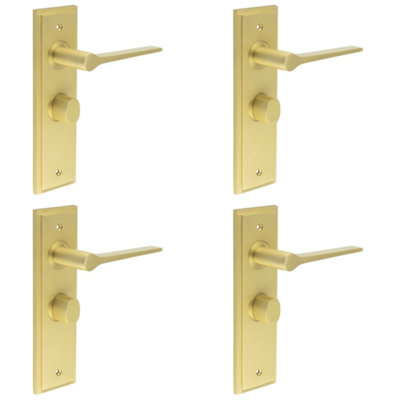 4 PACK Satin Brass Bathroom Door Handle with Backplate and Turn Release Mechanism - Solid Brass WC Interior Handle
