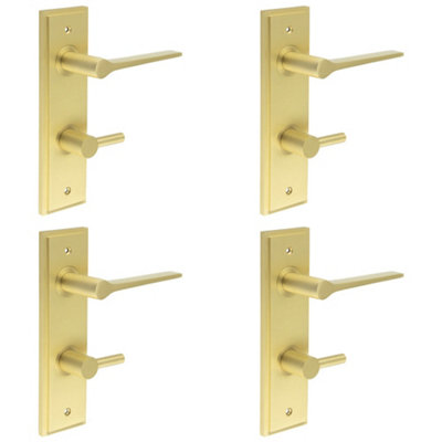 4 PACK Satin Brass Bathroom Door Handle with Backplate and Turn & Release - Solid Brass Interior Handle