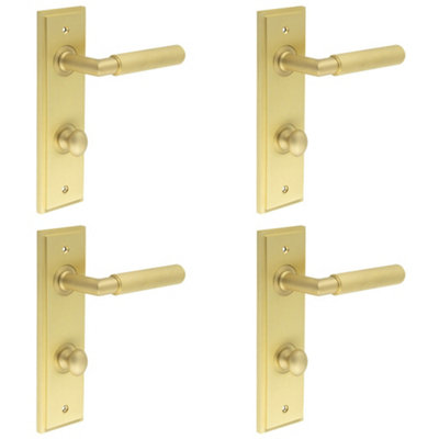 4 PACK Satin Brass Bathroom Door Handle with Backplate and Turn Release - Solid Brass Interior Handle