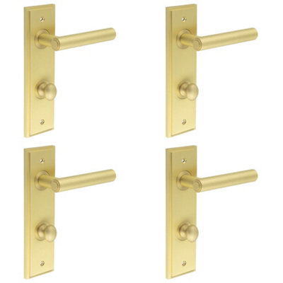4 PACK Satin Brass Bathroom Door Handle with Backplate and Turn Release - Solid Brass Interior Lever