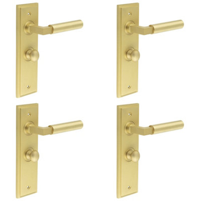 4 PACK Satin Brass Bathroom Door Handle with Backplate and Turn Release - Solid Brass Interior Toilet Handle
