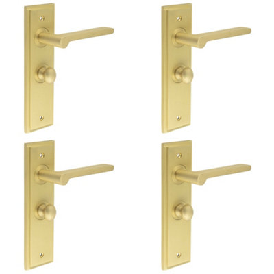 4 PACK Satin Brass Bathroom Door Handle with Backplate and Turn Release Solid Brass Internal Handle