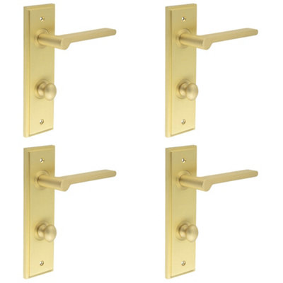 4 PACK Satin Brass Bathroom Door Handle with Backplate and Turn Release - Solid Brass Internal Handle