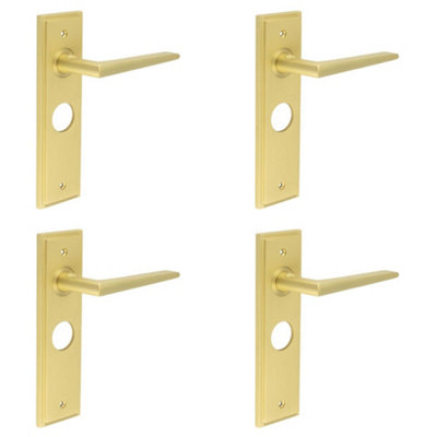 4 PACK Satin Brass Bathroom Door Handle with Backplate - Elegant & Durable Design - Solid Brass Interior Handle