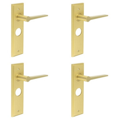 4 PACK Satin Brass Bathroom Door Handle with Backplate for Modern Homes - Solid Brass Interior Handle