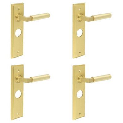 4 PACK Satin Brass Bathroom Door Handle with Backplate for Modern Homes - Solid Brass Interior Lever