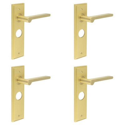 4 PACK Satin Brass Bathroom Door Handle with Backplate for Stylish Interiors - Solid Brass Interior Handle