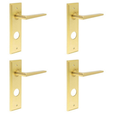 4 PACK Satin Brass Bathroom Door Handle with Backplate Solid Brass - Interior Handle