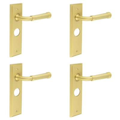 4 PACK Satin Brass Bathroom Door Handle with Backplate - Solid Brass Interior Handle