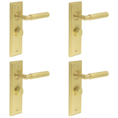 4 PACK Satin Brass Bathroom Door Handle with Backplate Turn Release Solid Brass Interior Handle
