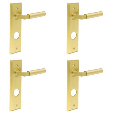 4 PACK Satin Brass Bathroom Door Handle with Stylish Backplate - Solid Brass Interior Lever