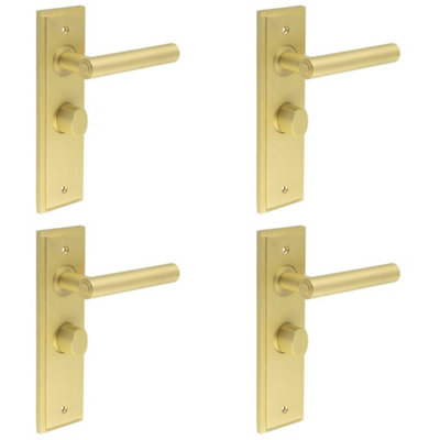4 PACK Satin Brass Bathroom Door Handle with Turn and Release Backplate - Solid Brass Interior Lever