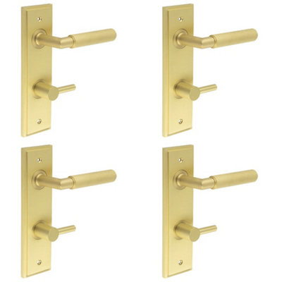 4 PACK Satin Brass Bathroom Door Handle with Turn & Release Mechanism - Solid Brass Interior Handle