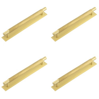 4 PACK Satin Brass Cabinet Handle with Stepped Backplate - 224mm Centers - Kitchen Drawer Pull Handle