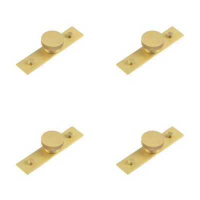 4 PACK Satin Brass Cupboard Knob with 40mm Plain Backplate - Modern Solid Brass Design - Kitchen Cabinet Knob