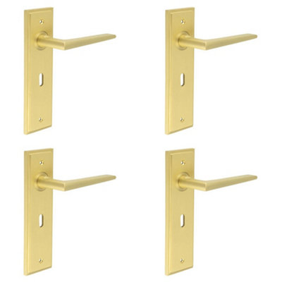 4 PACK Satin Brass Door Handle Lock Backplate for Modern Homes - Solid Brass Interior Handle