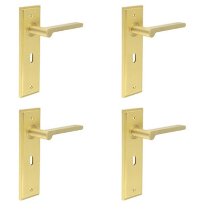 4 PACK Satin Brass Door Handle Lock Backplate - Stylish and Durable Lever Design - Solid Brass Interior Handle