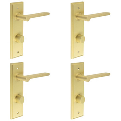 4 PACK Satin Brass Door Handle with Backplate and Turn Release for Bathrooms - Solid Brass Interior Handle