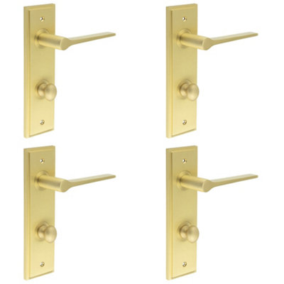 4 PACK Satin Brass Door Handle with Backplate and Turn & Release for Bathrooms - Solid Brass Interior Handle