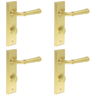 4 PACK Satin Brass Door Handle with Backplate for Bathrooms - Elegant Turn & Release Design - Solid Brass Interior Handle