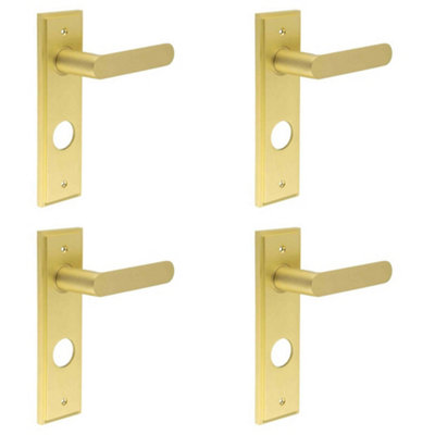 4 PACK Satin Brass Door Handle with Backplate for Bathrooms - Solid Brass Interior Handle
