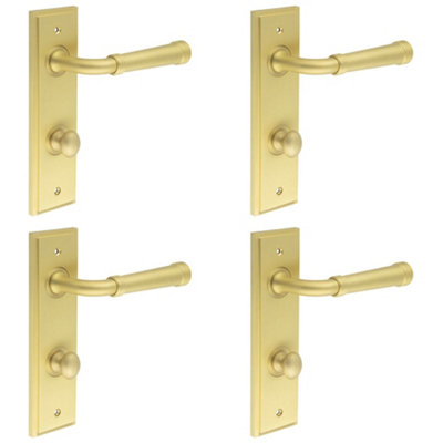 4 PACK Satin Brass Door Handle with Backplate for Bathrooms - Turn & Release Mechanism - Solid Brass Interior Handle