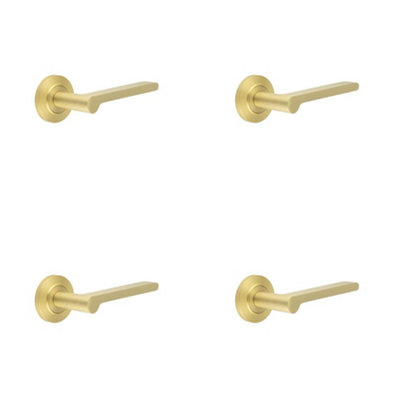 4 PACK Satin Brass Door Handle with Chamfered Rose Design - Solid Brass Interior Handle