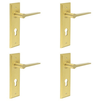 4 PACK Satin Brass Euro Backplate Door Handle - Elegant and Durable - Solid Brass Interior Handle