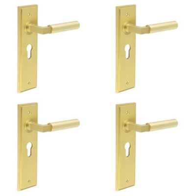 4 PACK Satin Brass Euro Backplate Door Handle for Modern Homes - Solid Brass Interior Lever