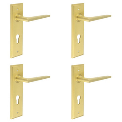 4 PACK Satin Brass Euro Backplate Door Handle - Modern Luxury - Solid Brass Interior Handle
