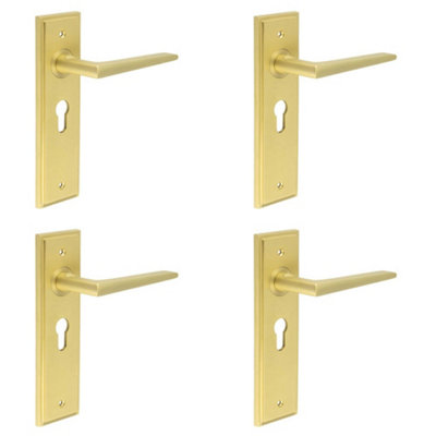 4 PACK Satin Brass Euro Lock Door Handle with Backplate - Elegant & Durable Design - Solid Brass Interior Handle