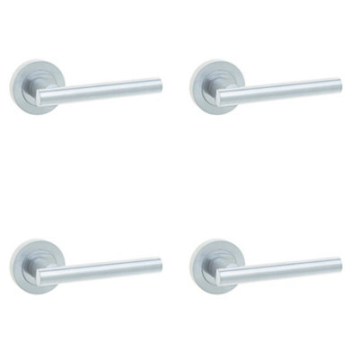 4 PACK Satin Chrome Door Handle for Modern Interiors - Rounded Lever On Rose Interior Handle
