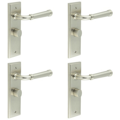 4 PACK Satin Nickel Bathroom Door Handle Backplate and Turn Release Mechanism - Solid Brass Interior Handle