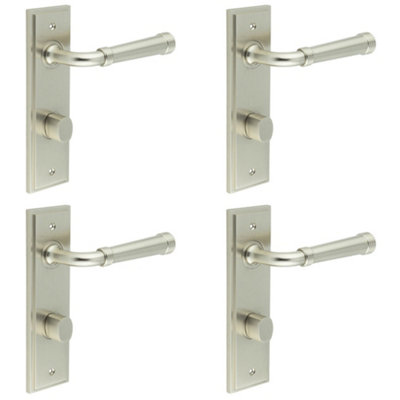 4 PACK Satin Nickel Bathroom Door Handle Backplate and Turn Release - Solid Brass Interior Handle
