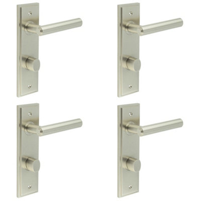 4 PACK Satin Nickel Bathroom Door Handle Backplate and Turn Release - Solid Brass Interior Lever