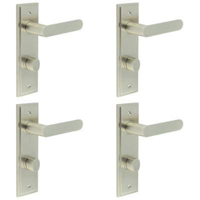 4 PACK Satin Nickel Bathroom Door Handle with Backplate and Turn & Release Mechanism - Solid Brass Interior Handle