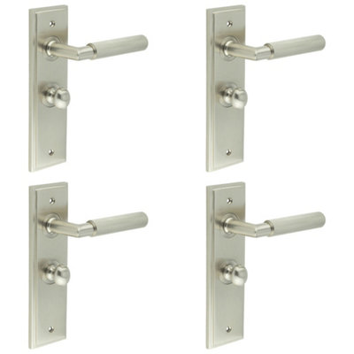 4 PACK Satin Nickel Bathroom Door Handle with Backplate and Turn Release Mechanism - Solid Brass Interior Handle