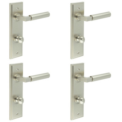 4 PACK Satin Nickel Bathroom Door Handle with Backplate and Turn Release Mechanism - Solid Brass Toilet Interior Handle