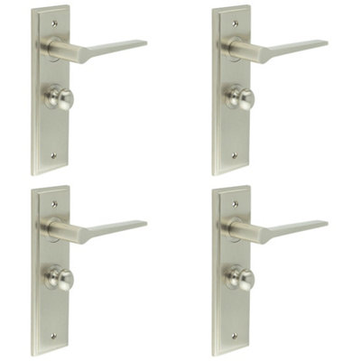 4 PACK Satin Nickel Bathroom Door Handle with Backplate and Turn Release Mechanism - Solid Brass WC Interior Handle
