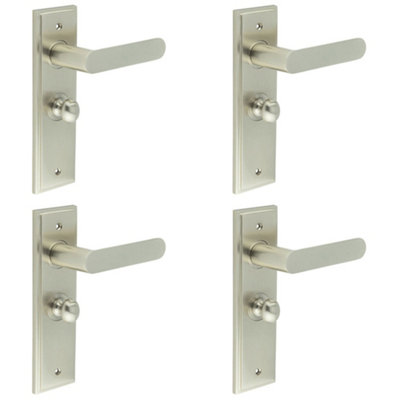 4 PACK Satin Nickel Bathroom Door Handle with Backplate and Turn Release - Solid Brass Handle
