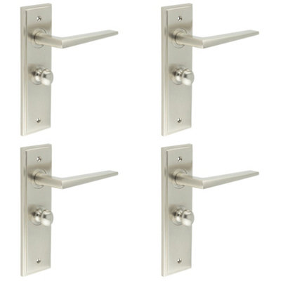4 PACK Satin Nickel Bathroom Door Handle with Backplate and Turn Release Solid Brass Interior Handle
