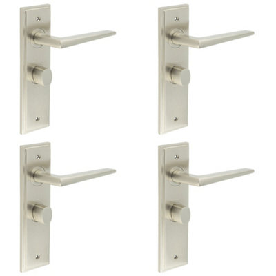 4 PACK Satin Nickel Bathroom Door Handle with Backplate and Turn Release Solid Brass - Interior Handle