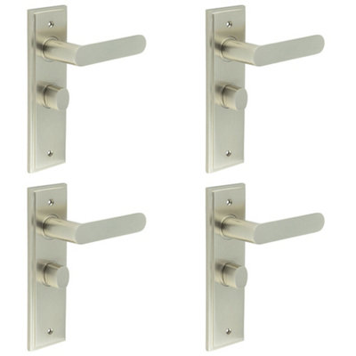 4 PACK - Satin Nickel Bathroom Door Handle with Backplate and Turn Release - Solid Brass Interior Handle