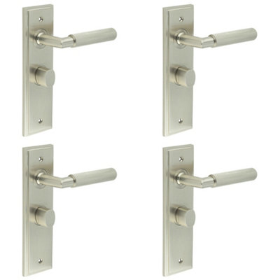 4 PACK Satin Nickel Bathroom Door Handle with Backplate and Turn Release - Solid Brass Interior Handle