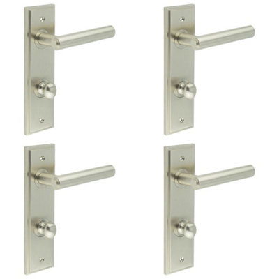 4 PACK Satin Nickel Bathroom Door Handle with Backplate and Turn Release Solid Brass Interior Lever
