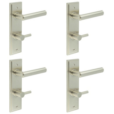 4 PACK Satin Nickel Bathroom Door Handle with Backplate and Turn Release - Solid Brass Interior Lever