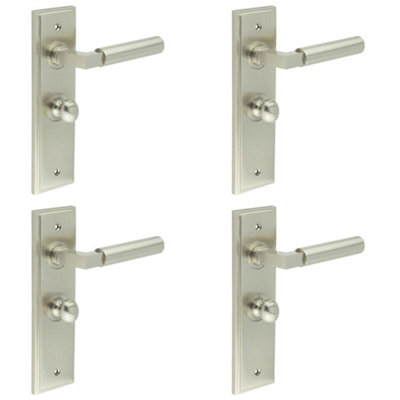 4 PACK Satin Nickel Bathroom Door Handle with Backplate and Turn Release - Solid Brass Interior Toilet Handle